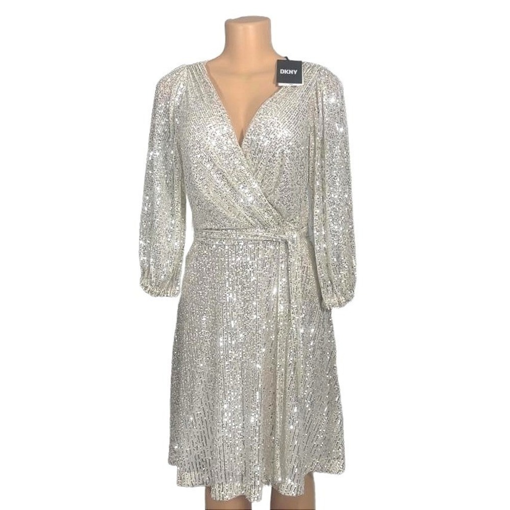 DKNY Sequin Long Sleeve Wrap Dress